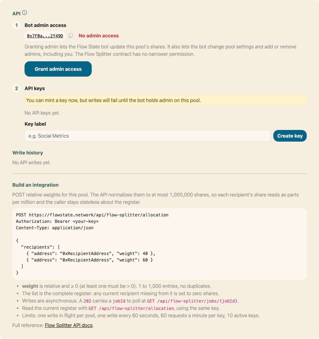 The API card with the Flow State bot showing No admin access, the permission disclosure, and the Grant admin access button