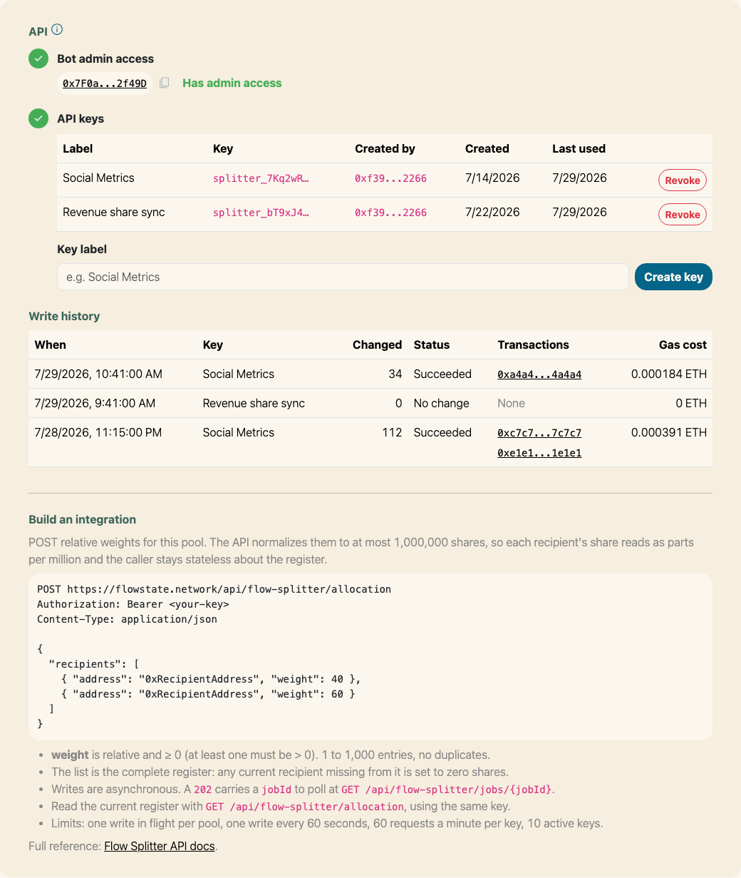 The API card showing the bot with admin access, a table of two API keys with prefixes, creators and last-used dates, the key label field, and the write history table