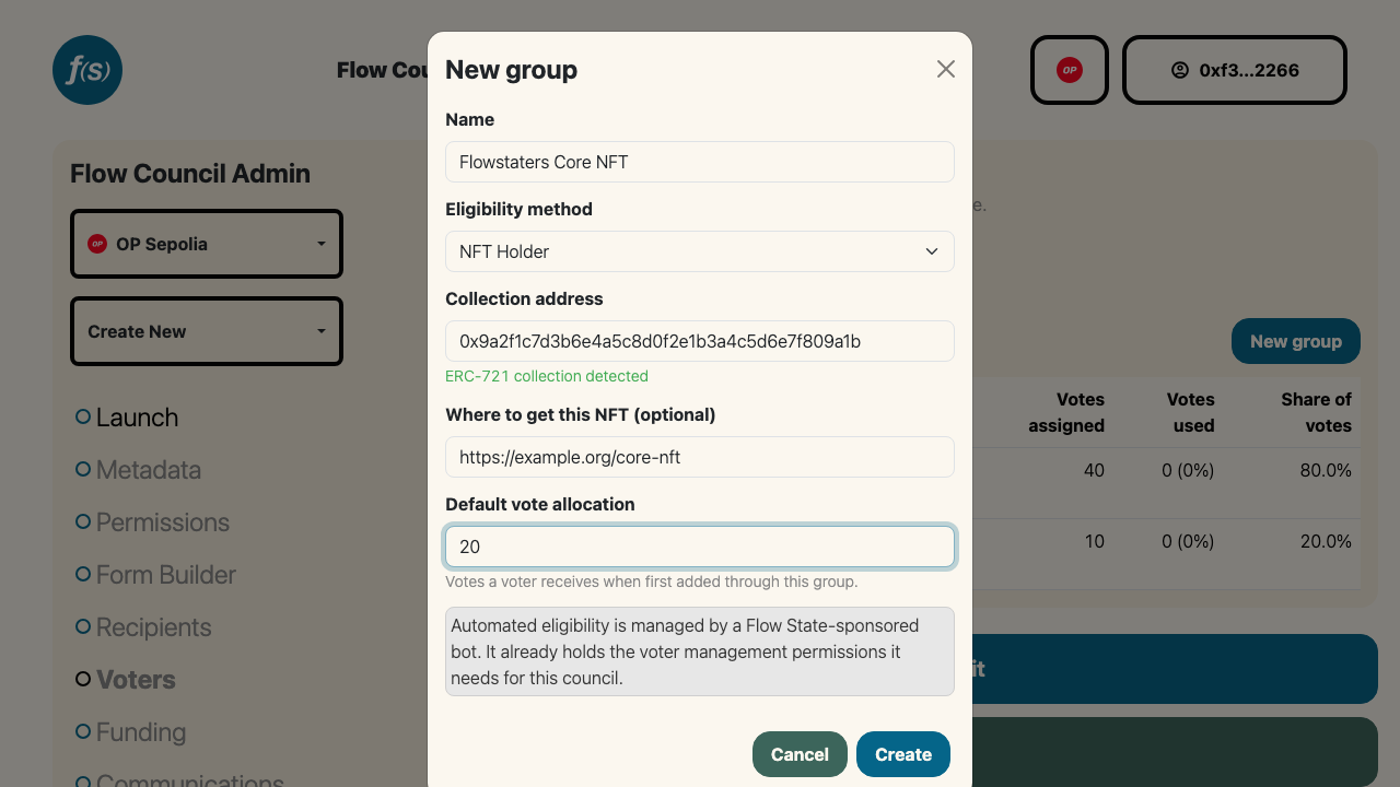 New group modal with NFT Holder selected