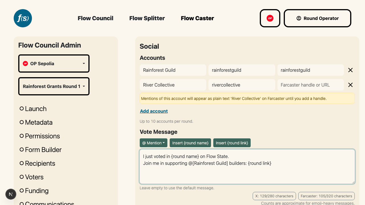 The Social page: named accounts with per-platform handles above the vote message editor with its token toolbar and character counters