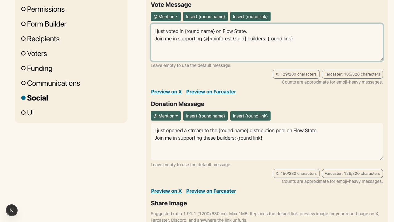 Vote and donation message editors with per-platform character counters and Preview on X / Preview on Farcaster buttons