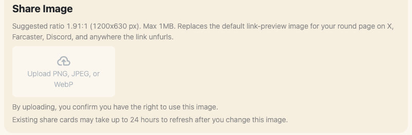 Share image uploader with format and size hints, rights confirmation, and cache-refresh note